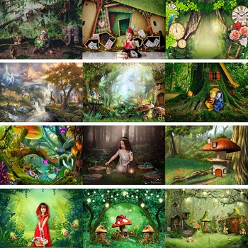 Wonderland Фон Детская сказка Лесной торт Разбить реквизит Цветочный гриб Джунгли Фон Ребенок Новорожденный День рождения Фотостудия