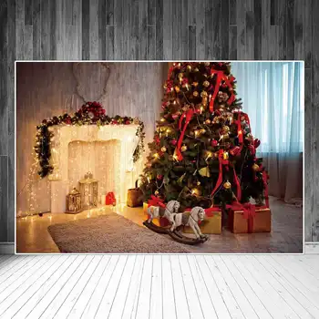 Освещение Рождественский камин Деревянная стена Фотография Фоны Дети Hobbyhorse Занавес Подарки Свечи Домашние фотофоны
