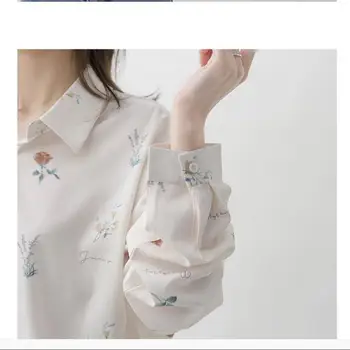 Высококачественная белая шифоновая блузка с принтом в цветочек Женская рубашка с длинным рукавом Женская блузка