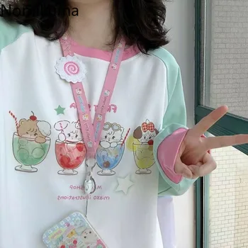 Японское аниме Толстовка с капюшоном Женщины с длинным рукавом О-образный вырез Оверсайз Топы Ropa Mujer Повседневный O-образный вырез Мода Y2k Толстовка Одежда для подростков