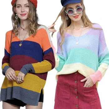 Женщины с длинным рукавом вафельный вязаный свитер сексуальный V-образный вырез радужные полосы туника топы боковой разрез повседневный свободный пуловер джемпер N7YE