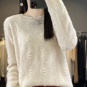 Роскошный свитер из чистого кашемира 100 для женщин Вязаный крючком полый вязаный свитер Свободная и праздная мода