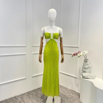 2023 Лето Осень Зеленый Тонкий Сексуальные Бриллианты Без рукавов Миди Камзол Платье Для Женщин Мода