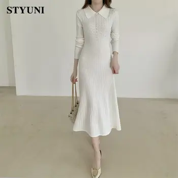 Платье с высокой талией женское хеджирование 2021 осень и зима 2021 новый корейский ретро модный воротник-поло высокий эластичный белый трикотажное платье