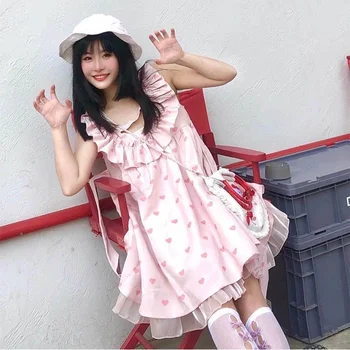 летнее женское мини-платье без рукавов для девочки Fairycore Kawaii Симпатичный розовый короткий кружевной сарафан Корейская модная одежда Harajuku 2022