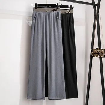  100/150 кг Большой размер Женская одежда Широкие штанины Женские шоу Тонкие летние прямые брюки с высокой талией Свободные шелковые брюки