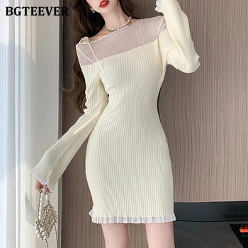 BGTEEVER Стильные женские узкие пуловеры Свитера Облегающее мини-платье Элегантное женское платье с длинным рукавом Slim Knitted Package Hip Dress