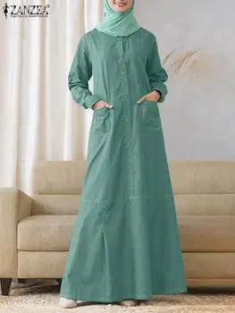 2024 Весна Мусульманский Абая Хиджаб Сарафан ZANZEA Мода Женщины С длинным рукавом Кафтан Платье Халат Femme Винтаж Повседневная Исламская одежда