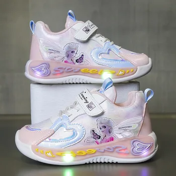 Обувь для девочек Disney Princess Elsa Детская обувь со светодиодным светом Сетчатая дышащая повседневная обувь с мягкой подошвой Розовые фиолетовые туфли Размер 25
