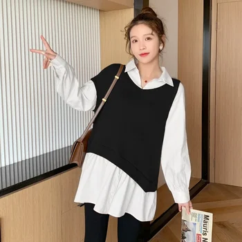2024 Весна Осень Пэчворк Блузки для беременных Корейская мода с длинным рукавом Свободная рубашка Одежда для беременных женщин Топы для беременных