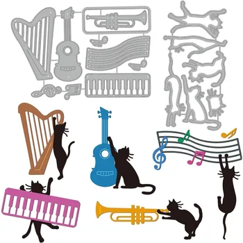 Cat Theme Cut Штампы Несколько музыкальных инструментов Тема Металлические режущие штампы Трафарет для тиснения животных для изготовления открыток DIY Альбом для вырезок