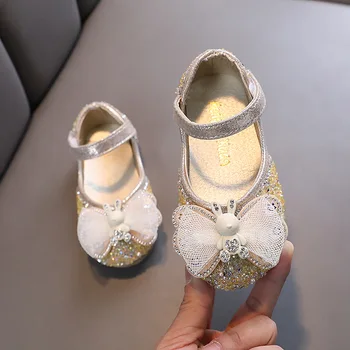  Новая детская кожаная обувь с пайетками 2023 года для девочек с кружевным бантом Одинарная обувь Мода Baby Kids Горный хрусталь Свадебная обувь H681