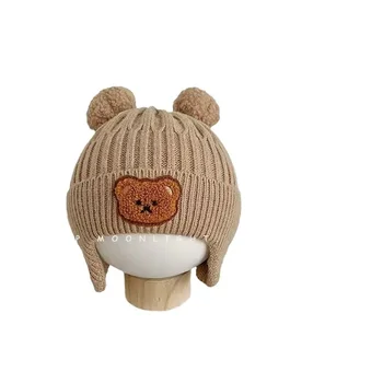 Новая простая ветрозащитная детская вязаная шапка для защиты ушей Baby Cute Bear для детей зимой утолщенная теплая шерстяная детская шапка