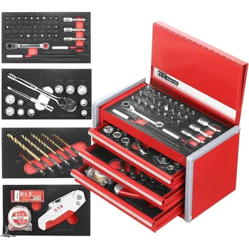  P.I.T. Портативный стальной ящик для инструментов с 3 ящиками и набором механических инструментов из 61 предмета, магнитным замком, красными чехлами для инструментов для ручной переноски