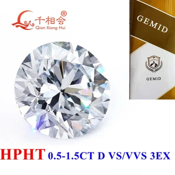 0.5ct-2.0ct D белый цвет VVS1/VS1 чистота HPHT бриллиант 3EX круглой формы, выращенный в лаборатории Незакрепленный камень, сертифицированный GEMID
