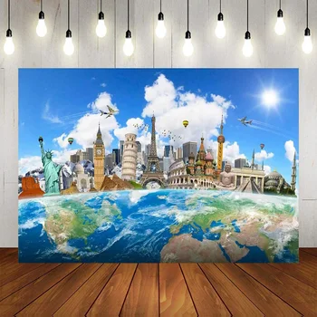 Карта мира Глобальные путешествия Всемирно известные достопримечательности Здания С днем рождения Фотография Фон Баннер Декор