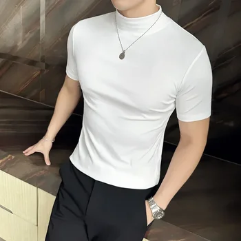 9 Цвет Высокое качество Хлопковые футболки с высоким воротником Мужские мужские футболки с коротким рукавом Solid Slim Fit Tight Elastic Tee Pullover Fitness T-shirt