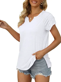 Непринужденно шикарная женская струящаяся футболка с V-образным вырезом, короткими плиссированными рукавами, однотонная свободная посадка и разрезной подол для повседневной жизни