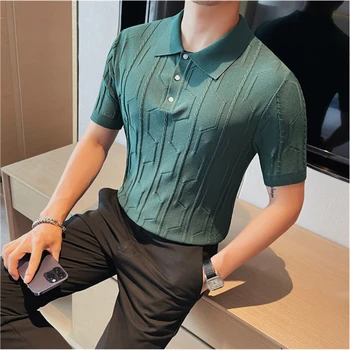 2023 Летняя трикотажная рубашка-поло из ледяного шелка мужская эластичная повседневная футболка мужская рубашка-поло с откидным вырезом и коротким рукавом облегающая дышащая рубашка-поло