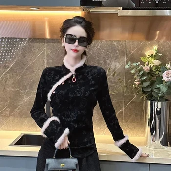 Новый китайский стиль рубашка женская элегантная однотонная блузка зимняя плюшевая край повседневная с длинным рукавом TShirt офисная леди туники топы
